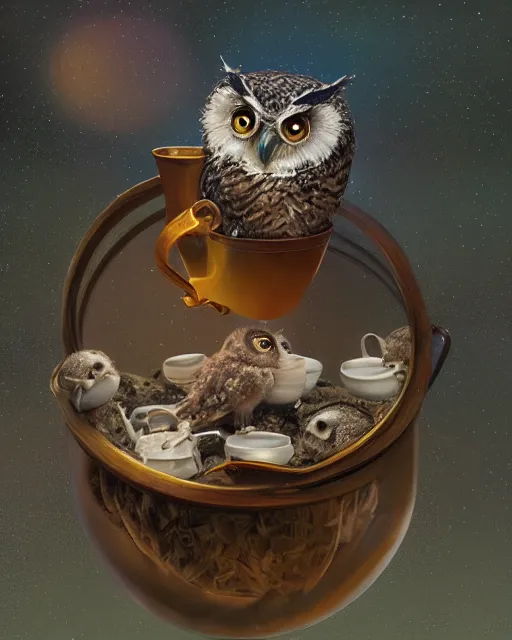 Image similar to long shot of a very cute owl chick nesting in a very futuristic cup, esao andrews, humorous illustration, hyperrealistic, big depth of field, warm colors, night scenery, low light, 3 d octane render, 4 k, conceptart, hyperdetailed, hyperrealistic, trending on artstation