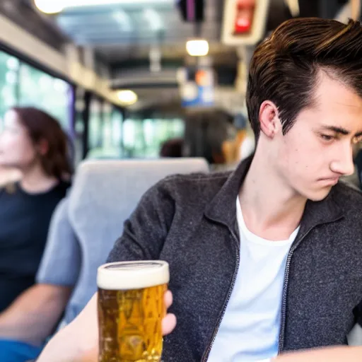 Prompt: a tired young university student in a black shirt with slick hair and round face is riding in a crowded bus. student is holding a bottle of dark beer and is looking at his smartphone. professional photo, 4 k, bokeh, 5 0 mm