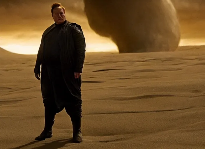 Image similar to elon musk as baron harkonnen in a black oil bath, Dune, Denis Villeneuve, film look