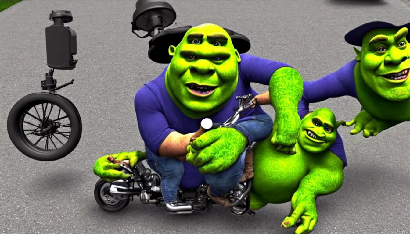 Image similar to doorbell cam footage shrek riding motorbike on one wheel, hilarious, funny, meme, realistic, detailed, 4 k