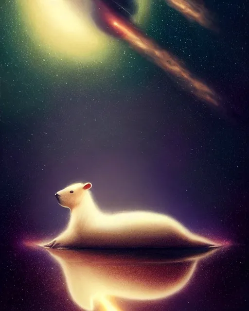Image similar to a white capybara cruising the milky way, beautiful, agile, myth, legend, trending on artstation, light effects, john harris, kilian eng,, bastien lecouffe - deharme