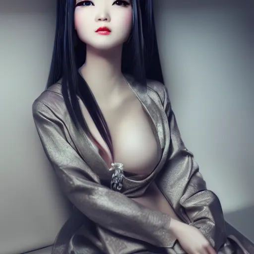 Prompt: a portrait of a full body beautiful asian cyber geisha, young, hyper - realistic, very detailed, intricate, very sexy pose, slight smile expression, photo realistic, dramatic cinematic lighting, octane render, 4 k, ultra detailed