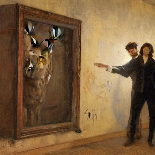 Image similar to a young man and a young woman solving an escape room puzzle, mysterious markings on the wall, by alfred stevens