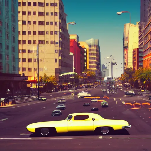 Image similar to street scene, retro futuristic vintage shiny polished traffic mainly cars and motorcycles, volumetric lighting, beautiful, day time, spring, sunny weather, sharp focus, highly detailed, photorealistic, 4 0 0 0 k, f 1. 4, cgsociety