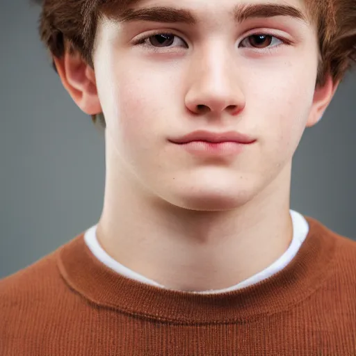 Image similar to a portrait headshot of a cute 18 year old man in brown hair, high resolution