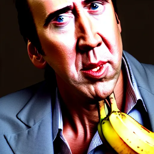 Prompt: uhd candid photo of nicholas cage, down on his luck, ranting maniacally on skid row while wielding a banana. correct face, intricate details, hyperdetailed, accurate face. photo by annie leibowitz