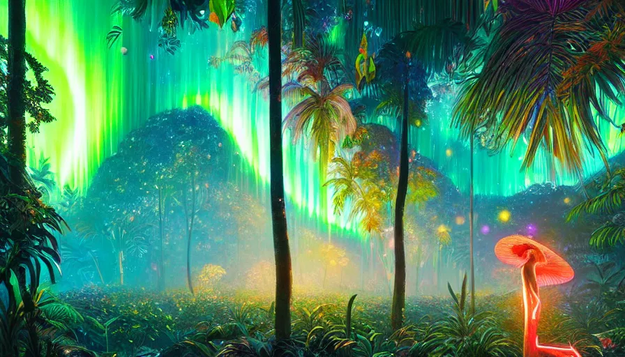 Image similar to portrait of a sparkling tropical grove with neon auroras, path traced, environment, highly detailed, high quality, digital painting, alena aenami, lilia alvarado, shinji aramaki, karol bak, alphonse mucha, tom bagshaw