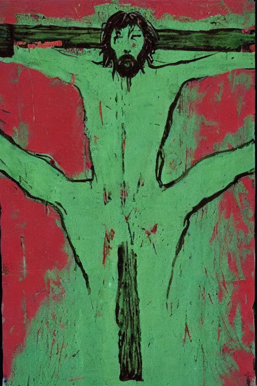 Image similar to green background with bloody christ crucified painted by cy twombly and andy warhol