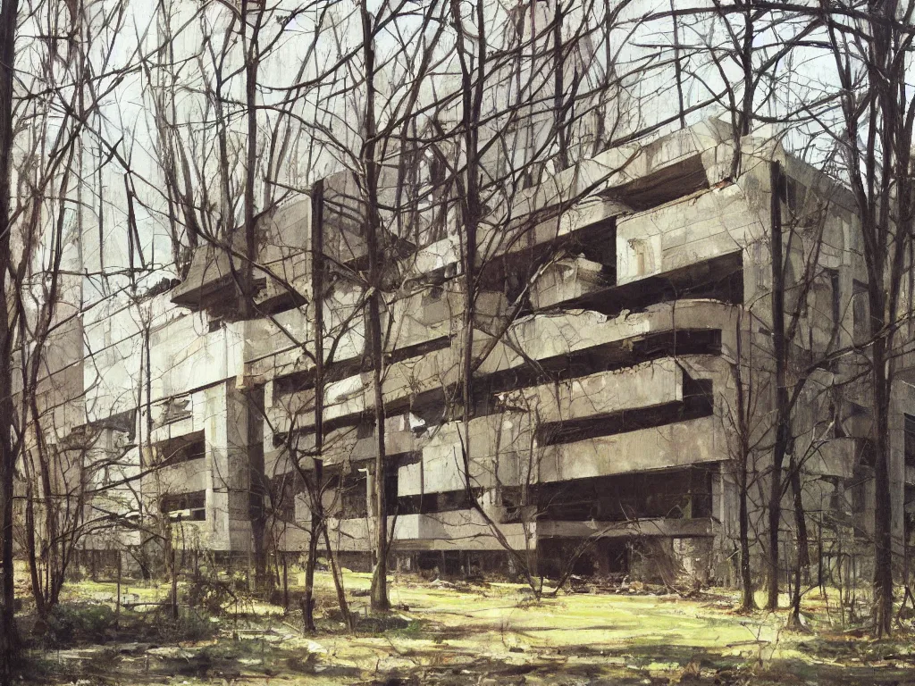 Prompt: A beautiful painting of a dilapidated post-modern building in the wood, by Coby Whitmore, Trending on artstation, very detailed