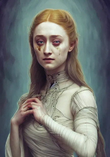 Prompt: sansa saoirse ronan mummy zombie, intricate, elegant, highly detailed, digital painting, artstation, concept art, smooth, sharp focus, illustration, art by artgerm and greg rutkowski and alphonse mucha and william - adolphe bouguereau