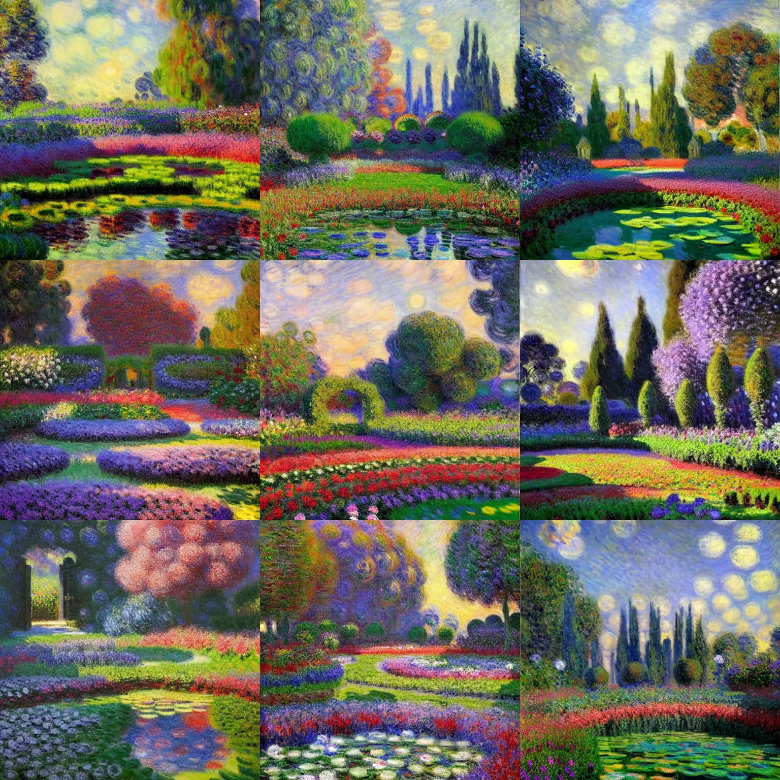 Prompt: a gorgeous, fantastic, magic garden landscape by michael kidd, monet, trending on artstation, artgerm, acrylic on canvas, muted colors, darker,!! low contrast!!, chillwave