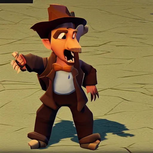 Image similar to screenshot of a humanoid inspector badger with a brown trenchcoat as an npc in spyro the dragon video game, with low poly playstation 1 graphics, upscaled to high resolution