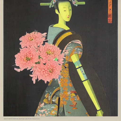 Image similar to a elegant japanese robot with fluo color detail, and muted arm colors, on top of dutch master painting of flowers