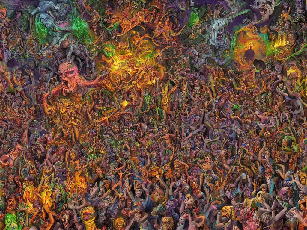 Image similar to digital painting rave party in hell by Chor Boogie, intricate details, ultra detailed, 4K, award-winning, touch of M. C. Escher and Salvador Dali