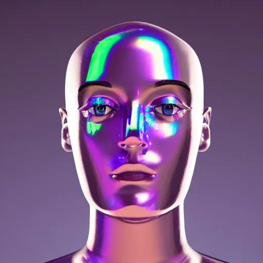 Image similar to 3d render of holographic human robotic head made of glossy iridescent, surrealistic 3d illustration of a human face non-binary, non binary model, 3d model human, cryengine, made of holographic texture, holographic material, holographic rainbow, concept of cyborg and artificial intelligence