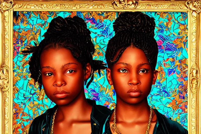 Image similar to a girl pirate with iridescent skin by kehinde wiley