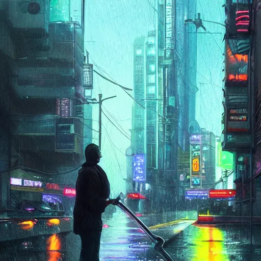 Image similar to man watering plant near the crowded street of a cyberpunk city, rain, harsh neon lights, highly detailed, digital painting, trending on artstation, concept art, sharp focus, illustration, art by artgerm and greg rutkowski and magali villeneuve