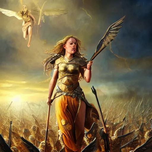 Image similar to the goddesses fraya going to war with her army of valkyries, golden hour, 8 k uhd, oil painting, high detail.