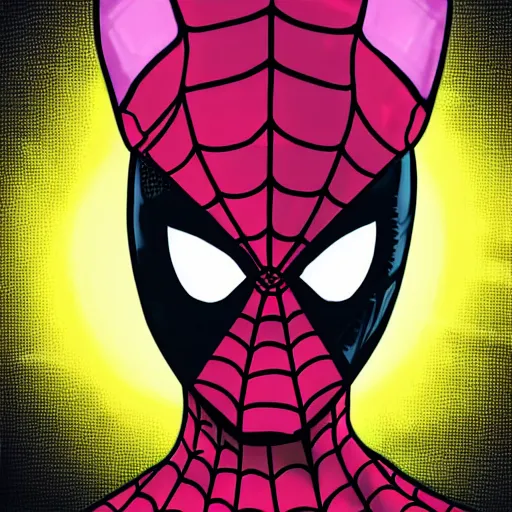 Image similar to spiderman miles morales with pink suit and yellow glowing eyes, and alien ears, comic style cinema c 9. 0