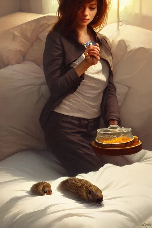 Image similar to groundhog smoking pot lies on the bed, realistic portrait, highly detailed, digital painting, artstation, concept art, smooth, sharp focus, illustration, cinematic lighting, art by artgerm and greg rutkowski and alphonse mucha