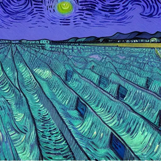 Prompt: vaporwave dreamscape, urban decay, by van gogh