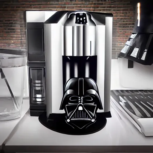 Image similar to A still of a Darth Vader shaped coffee machine, 4k, photograph, photoreal, ultra realistic, highly detailed, professional lighting