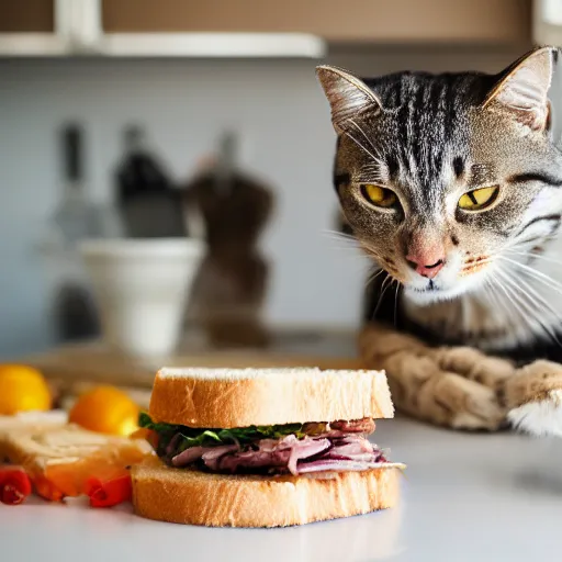 Image similar to an anthropomorphic cat makes a ham sandwich in a kitchen, 85mm f1.8