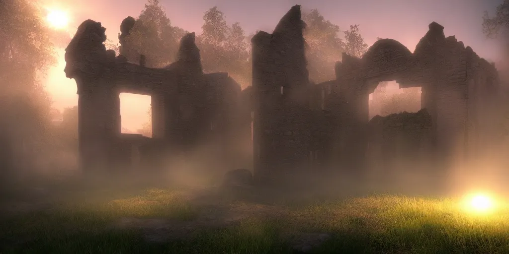 Image similar to mystical ruins, volumetric lighting, sunrise, vivid, fog, digital art