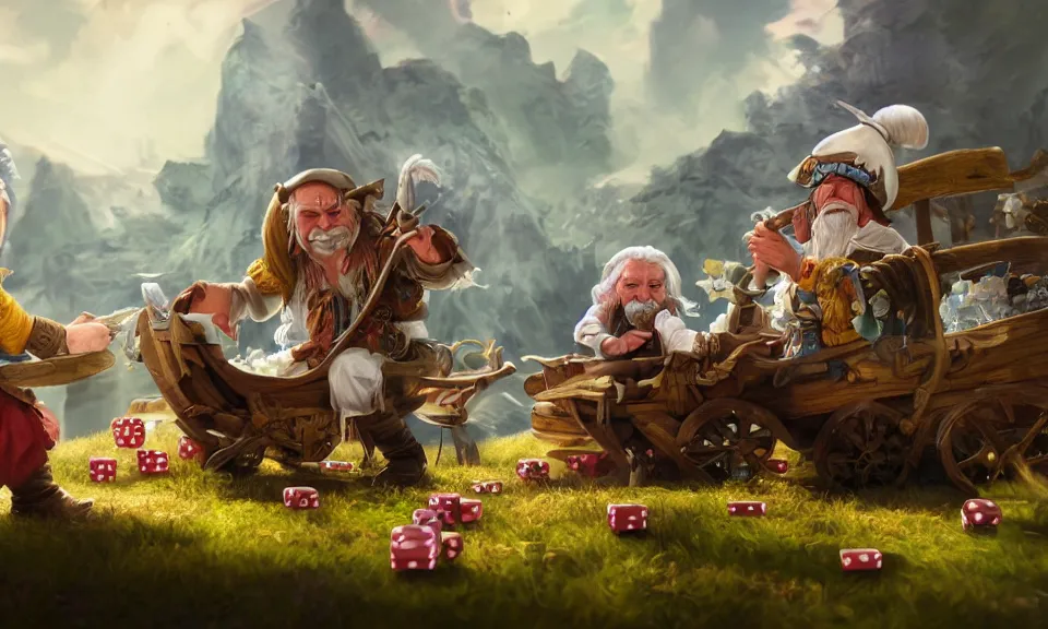 Prompt: a white haired dwarf and a pirate halfling gambling with dice near a creak and wagon, illustration by ben lo and greg mullins, highly detailed, photorealistic, hyperrealism, colorful, unreal engine, octane render, dramatic lighting, cinematic composition, wide shot