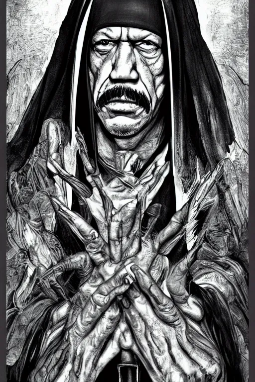 Image similar to portrait of Danny Trejo as church nun, dark fantasy, highly detailed, artstation, manga illustration by Kentaro Miura berserk