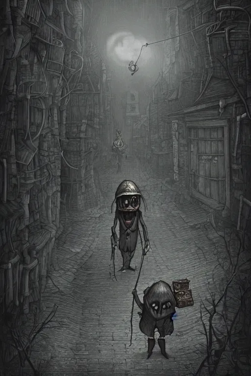 Prompt: a poison merchant travelling through a creepy city, by anton semenov and john kenn mortensen, digital art, very detailed, horror, dark, trending on artstation