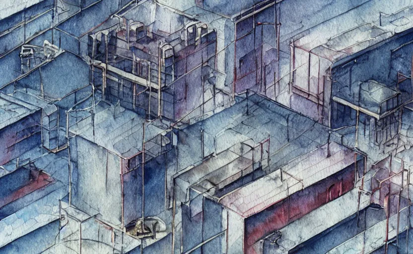 Image similar to Industrial complex Watercolor, highly detailded