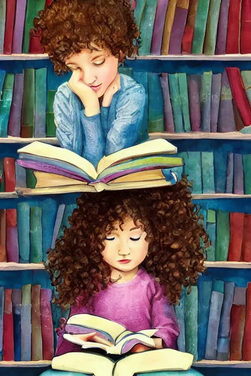 Prompt: a cute little girl with short curly brown hair and blue eyes sits cross legged on top of a tall pile of books. she is reading. clean pretty cartoon painting, beautiful detailed face.