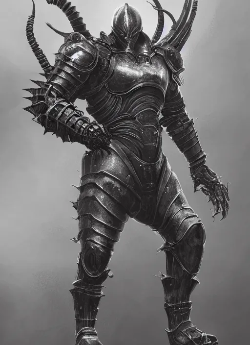 Image similar to a computer generated image of a man in armor, concept art by senior character artist, featured on polycount, antipodeans, sketchfab, unreal engine 5, artstation hd. hr giger, greg rutkowski and wayne barlowe as a diablo, resident evil, dark souls, bloodborne monster