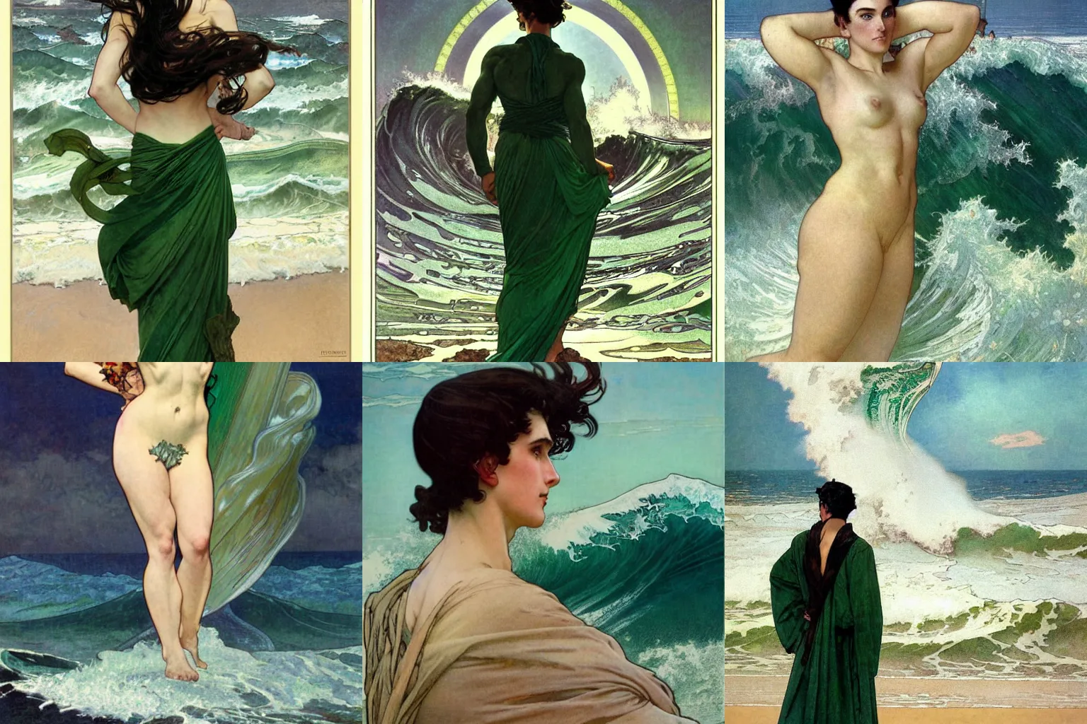 Prompt: a demigod with black hair and sea green eyes standing confidently in front of a massive ocean wave. Detailed masterpiece. Drawn by Norman Rockwell and Alphonse Mucha. Trending on artstation.