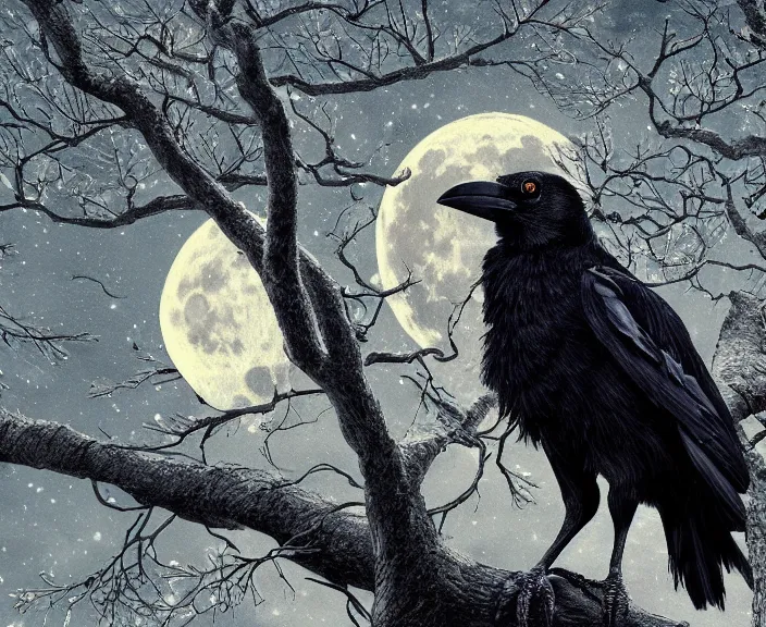 Image similar to a hyper-detailed fantasy wallpaper book cover, close-up portrait of a crow on a tree in front of the full big moon; an extraordinary masterpiece!!!; flawless; proud posture; photorealistic eyes; trending on artstation; f/1.4; 90mm