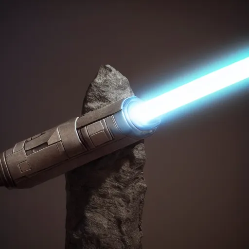 Image similar to ultra - detailed cinematic render, of a lightsaber hilt, that lies vertically on a carved stone, lit up in a dark room, octane render, high quality, digital art, 8 k, jedi fallen order teaser, volumetric lighting