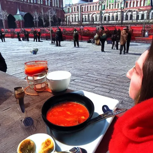 Prompt: Dragon from Skyrim eating russian borsch soup on the Red Square,