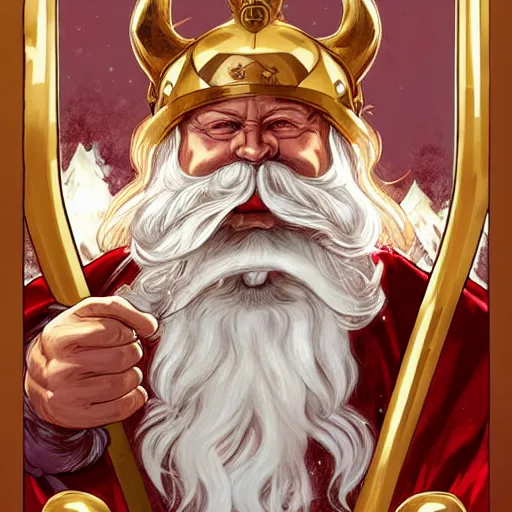 Image similar to santa claus wearing a viking helmet, art by artgerm, greg rutkowski and alphonse mucha