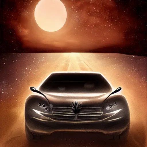 Image similar to someone driving at night with the moon in the sky, desert, concept art, fantasy, intricate, highly detailed, digital painting, elegant