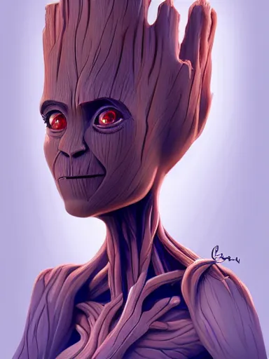 Prompt: groot girl, portrait, digital painting, elegant, beautiful, highly detailed, artstation, concept art