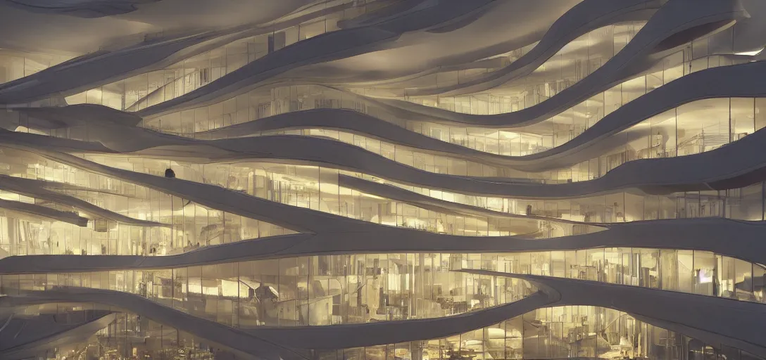 Image similar to photo - real, ultra modern, extremely beautiful saha hadid building, hypermaximalistic, high level design details, beautiful paneling, cinematic masterpiece, 8 k resolution, beautiful detailed, insanely intricate details, artstation trending, octane render, unreal engine, bright it interiors, warm yellow lights