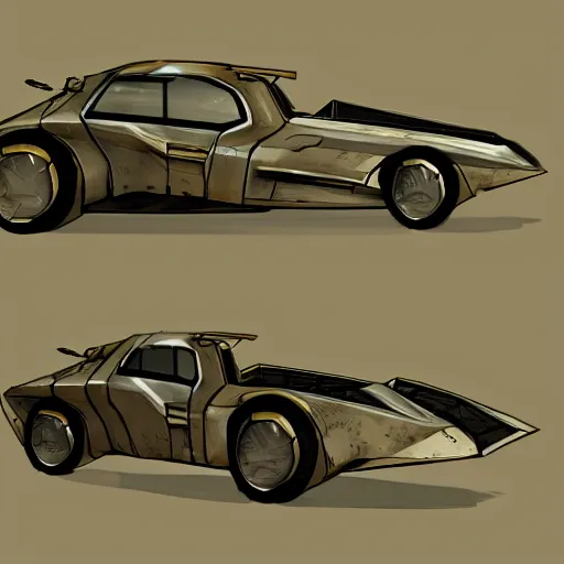 Prompt: dishonored art style retrofuturism car concept, deponia art style