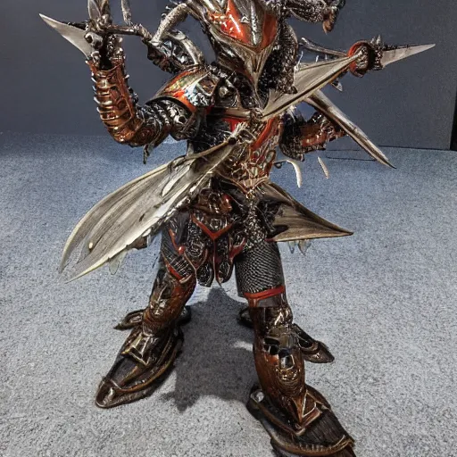 Image similar to warrior with metal dragon armour, highly detailed, 4k, HDR, smooth, sharp focus, hyper realistic, high resolution
