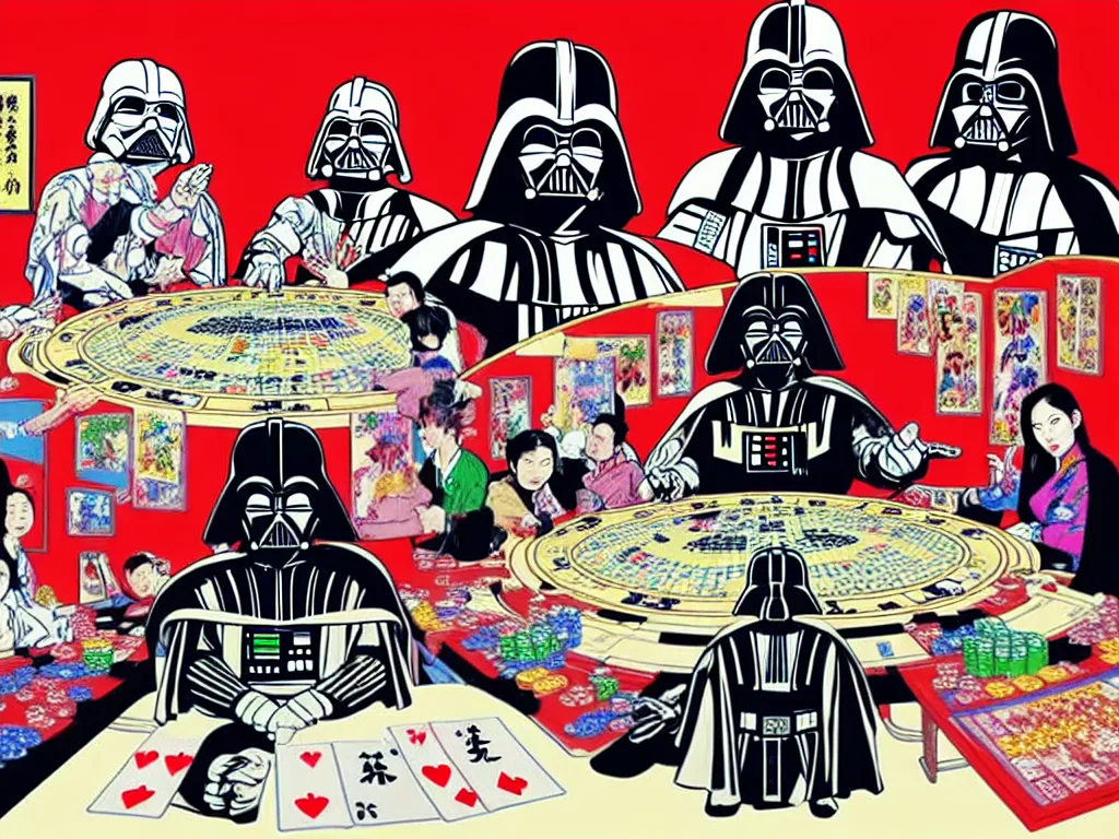 Image similar to hyper - realistic composition of a large room with an extremely detailed poker table in the center, woman in traditional japanese kimono standing nearby, darth vader sitting at the table, fireworks in the background, pop art style, jackie tsai style, andy warhol style, acrylic on canvas, dull palette