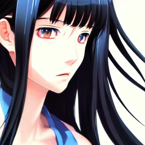 Image similar to portrait Anime girl, cute-fine-face, long black-hair and bangs, pretty face, red eyes, realistic shaded Perfect face, fine details, anime, realistic shaded lighting by Ilya Kuvshinov katsuhiro otomo ghost-in-the-shell, magali villeneuve, artgerm, rutkowski, WLOP, Jeremy Lipkin and Giuseppe Dangelico Pino and Michael, Garmash and Rob Rey