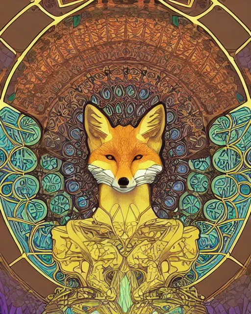 Prompt: fox carving art, cell shading, voronoi,fibonacci sequence, sacred geometry by Alphonse Mucha, Moebius, hiroshi yoshida, Art Nouveau, colorful, ultra detailed, 2 vivid color, 3d