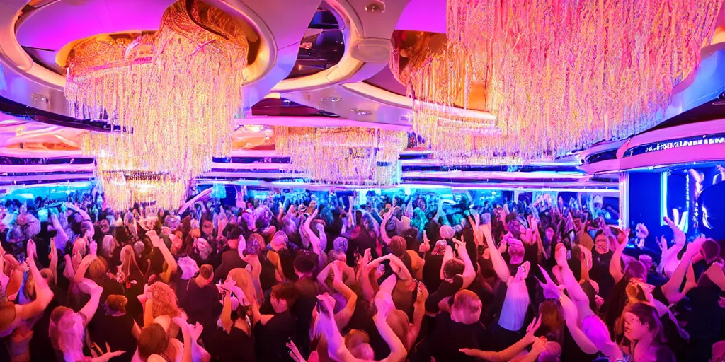 Prompt: 8 k uhd cinema 4 d, octane render of multiple cats with fluffy tails, dressed as vegetables, line dancing at a party, in the ballroom of a luxury cruise liner, beautiful chandeliers from the ceiling, ultra realistic, wide angle shot, group photography 1 8 mm lens, multi coloured volumetric lighting