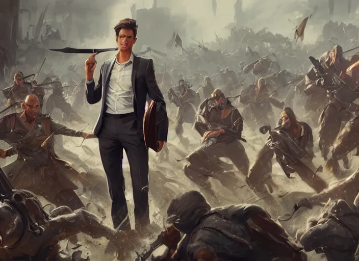 Image similar to epic cinematic action artwork of a man in his twenties with brown hair wearing a blue business suit and holding a briefcase standing defiantly in front of an army of warriors by Greg Rutkowski, 4k, masterpiece