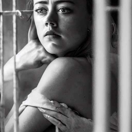 Prompt: amber heard crying alone inside a prison cell behind bars, ultra realistic, canon 3 5 mm portrait photography, 1 8 0 0 s, old timey, 8 k